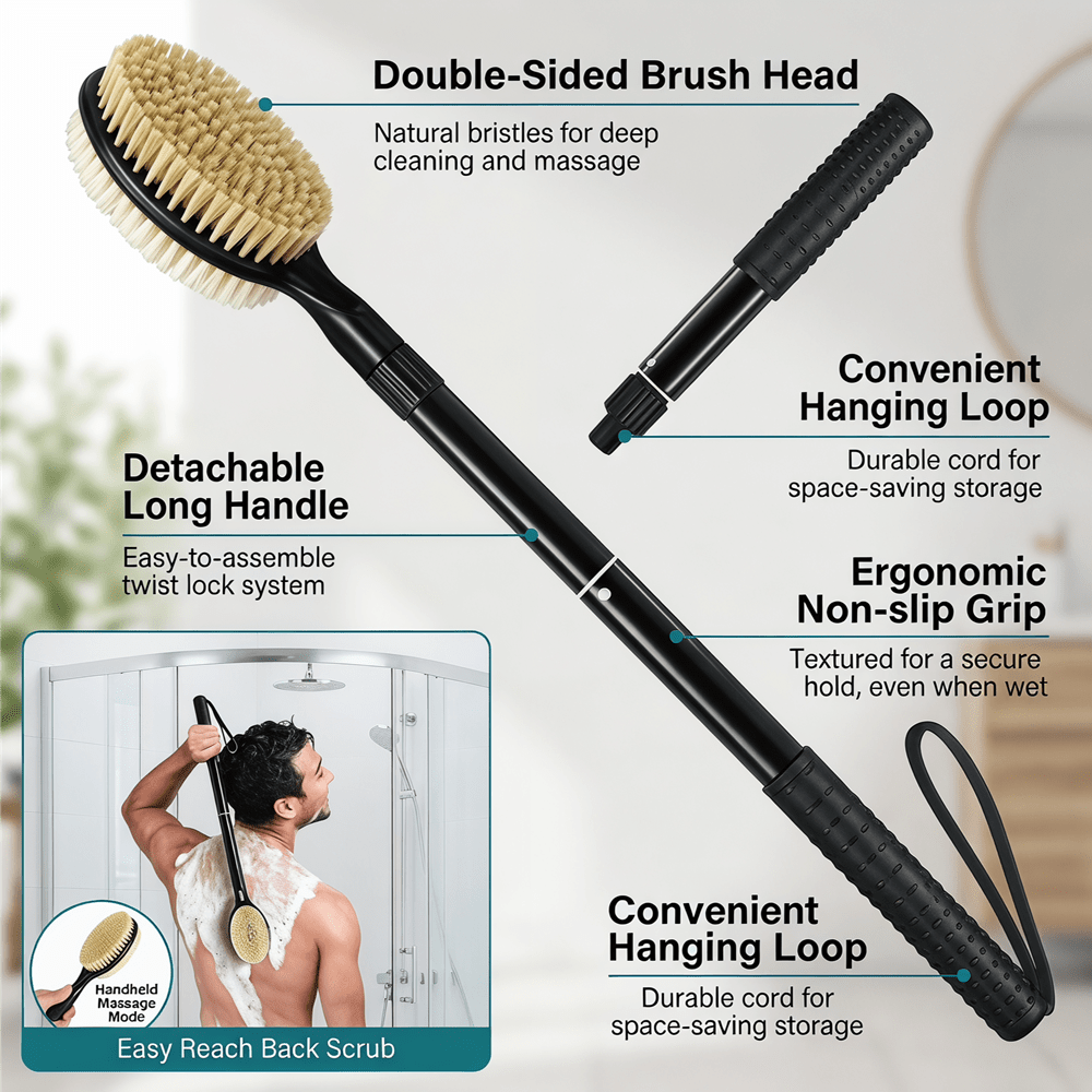 Back Scrubber with Soft and Stiff Bristles, 17''-25'' Long Handle Dual-Sided Shower Brush for Body for Deep Cleaning, Premium Dual-Sided Dry Brushing Body Brush, Natural Bristle Exfoliator with Long Handle, Spa-Quality Bath Brush for Men & Women