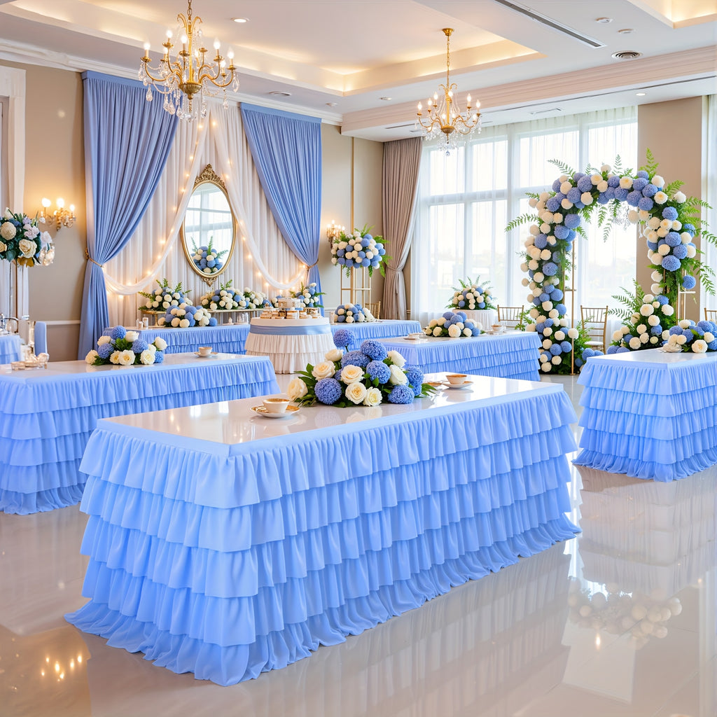 1pc of 9Ft Elegant Polyester Party Table Skirts, with Wavy Layering And Ruffled Design, Suitable for Weddings, Birthdays, Christenings, Banquets, Balls And Other Party Events