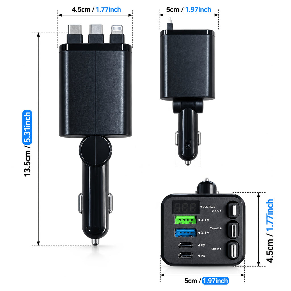 120W 7-in-1 Retractable Car Charger with Dual Type-C + Lightning Retractable Cables, External Dual USB-A + Dual USB-C Ports, High-Efficiency Fast Charging, Multi-Device Compatible for iPhone, Samsung, and All Android Digital Products