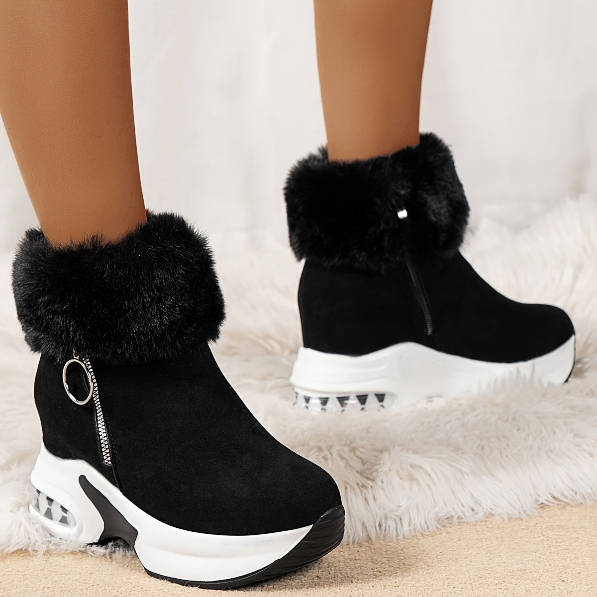 Winter Warm Plush Ankle Boots for Women, Height-Increasing Thick-Soled Leopard Print Shoes, Plush-Lined, Versatile, Women Shoes