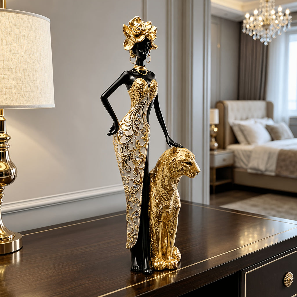 African Golden Cheetah Female Statue - Elegant Black Resin Sculpture with Golden Cheetah Print, Modern African Wall Decor Suitable for, Bedroom, Office, Cafe - Ideal Gift for Housewarming,, Christmas, for Art Lovers