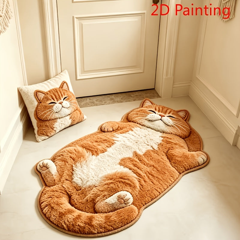 Plush Shaggy Rug Suitable for Bedside & Sofa - Realistic Orange Cat with Anti-Slip Backing, Soft Machine-Washable Suitable for Living Room,, Warm Cozy Rug for Entryway, Modern Cat-Themed Design