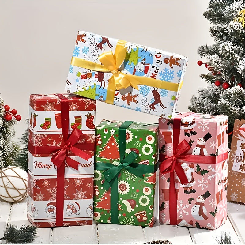 1 Set/5pcs Christmas Gift Wrapping Paper, Premium Coated Paper, Featuring Santa Claus, Christmas Tree, And Reindeer Decorative Patterns, Ideal for Decorating And Storing Christmas Gifts, Christmas, Birthday, Party Use