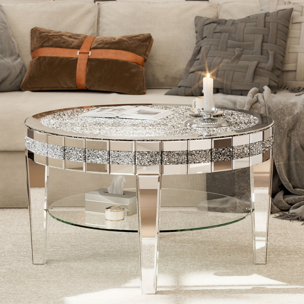 Round Mirrored Coffee Table 2-Tier with Crushed Diamond, 31.5 Inches Silvery Round Kitchen Table, Luxury Bling Coffee Table for Living Room, Office And Bedroom Black Fridays Items
