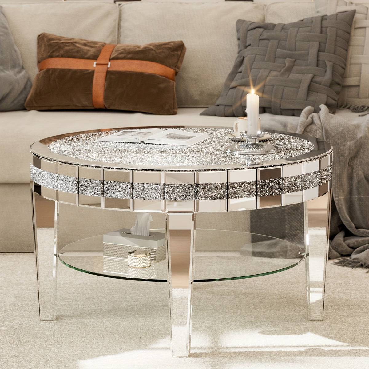 Round Mirrored Coffee Table 2-Tier with Crushed Diamond, 31.5 Inches Silvery Round Kitchen Table, Luxury Bling Coffee Table for Living Room, Office And Bedroom Black Fridays Items