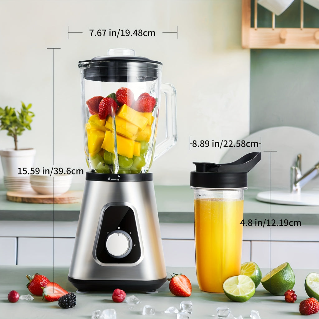 Countertop Blender, Juice Blender, 52-ounce Glass Jar, 22-ounce Portable Cup, 3-speed Adjustable Speed Control, Smoothie Juicer for Kitchen, Suitable for Frozen Fruit Drinks, Milkshakes, Baby Food, Sauces, And Fruit Purees, Silvery.