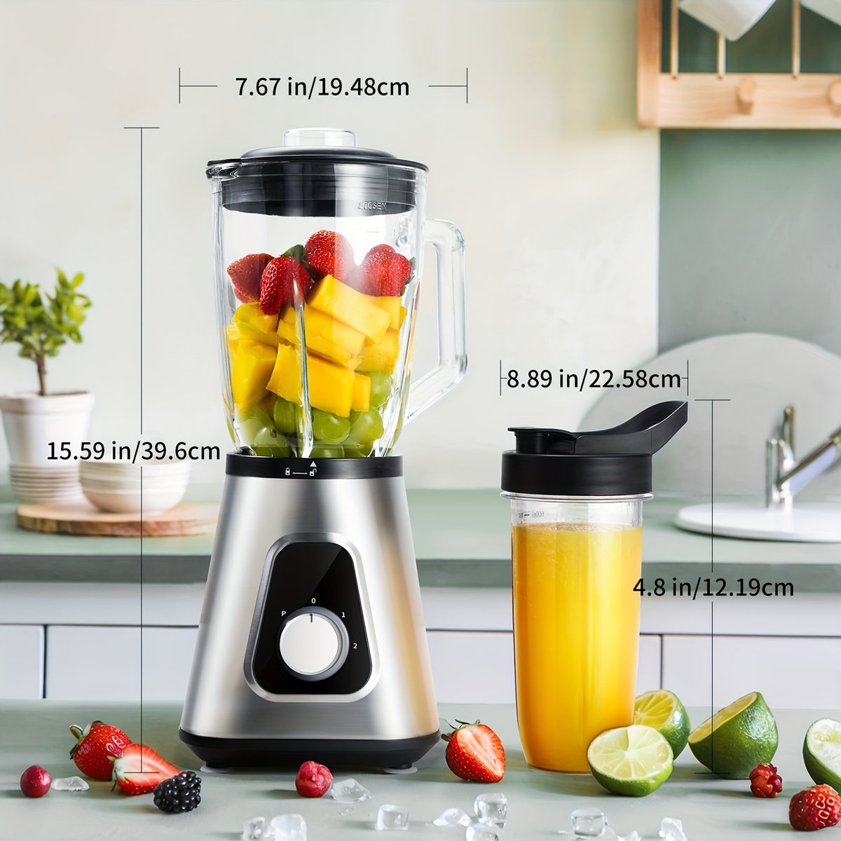 Countertop Blender, Juice Blender, 52-ounce Glass Jar, 22-ounce Portable Cup, 3-speed Adjustable Speed Control, Smoothie Juicer for Kitchen, Suitable for Frozen Fruit Drinks, Milkshakes, Baby Food, Sauces, And Fruit Purees, Silvery.