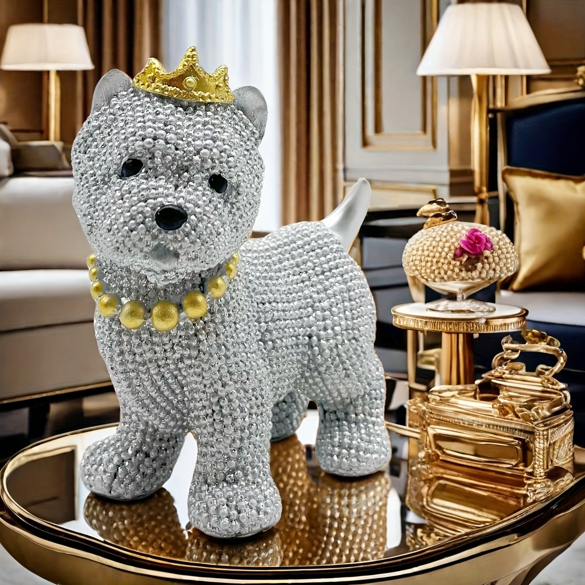 Silvery Sprinkled Beads Crown Dog Statue - Resin Handmade, Perfect For Home And Office Decoration, Ideal Gift For Dog Lovers, Suitable For Weddings And Holidays