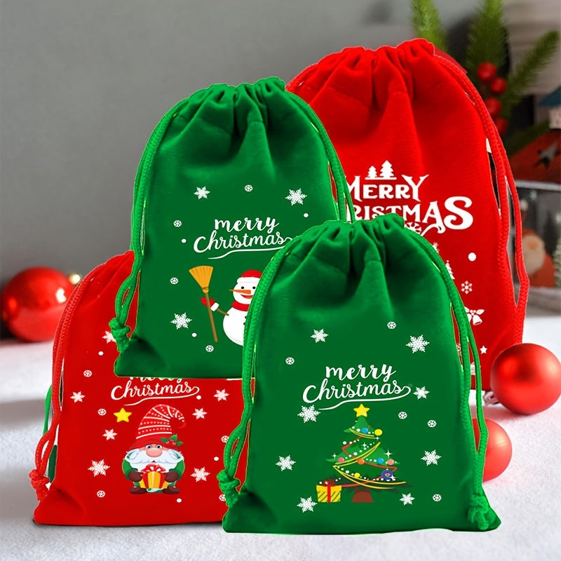 24pcs Red and Green Christmas Gift Bags Flannel Small Bag with Drawstring Medium Size for Xmas Party Favors Christmas Santa Claus Tree Snowman Gift Bags,Halloween