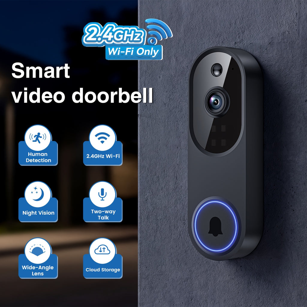 Wireless Wi-Fi Video Doorbell Camera, Two Way Audio, 2.4G Wi-Fi Only, AI Motion Detection, Night Vision, Cloud Storage, Battery Powered, Indoor Surveillance, 1440P HD Video Doorbell