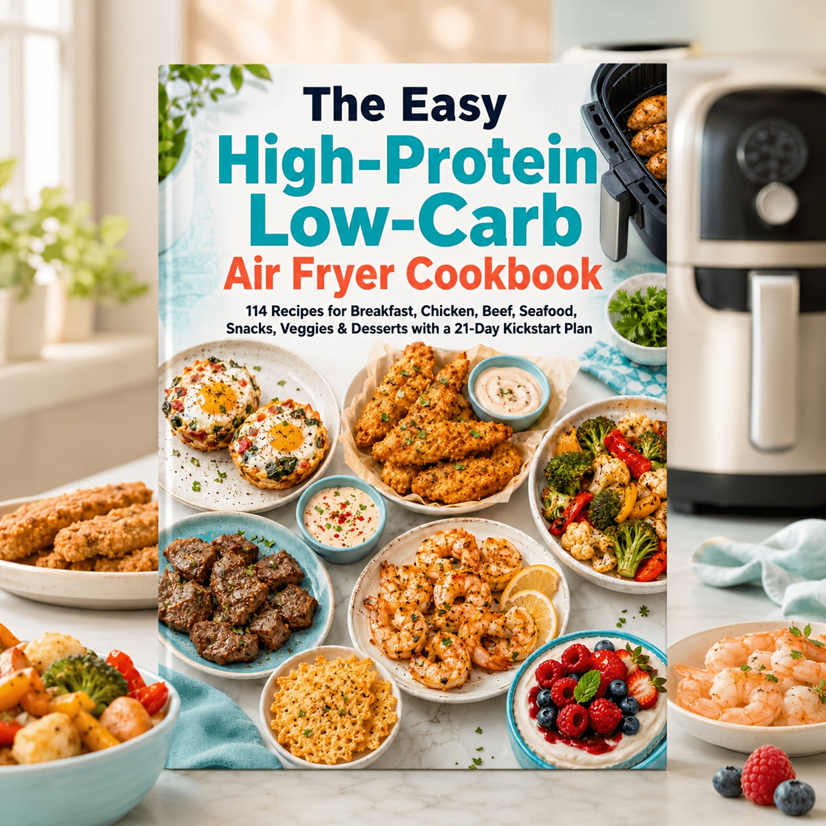 The Easy High-Protein Low-Carb Air Fryer Cookbook 114 Recipes for Breakfast, Chicken, Beef, Seafood, Snacks, Veggies & Desserts with a 21-Day Kickstart Plan