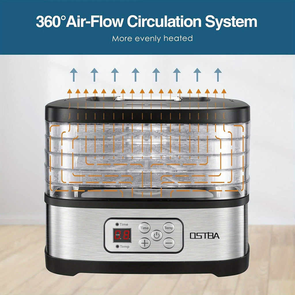 OSTBA 5-Tray Food Dehydrator Machine with Adjustable Temperature & 72H Timer, Digital LCD/LED Display Suitable for Jerky, Fruit, Dog Treats, Herbs, Snacks, Electric Dryer with User Guide, for Appliance ( Plug)