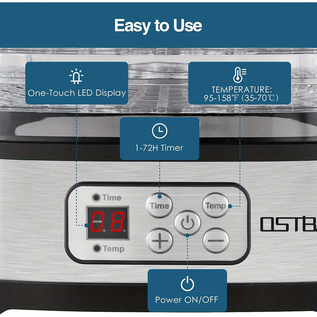 OSTBA 5-Tray Food Dehydrator Machine with Adjustable Temperature & 72H Timer, Digital LCD/LED Display Suitable for Jerky, Fruit, Dog Treats, Herbs, Snacks, Electric Dryer with User Guide, for Appliance ( Plug)