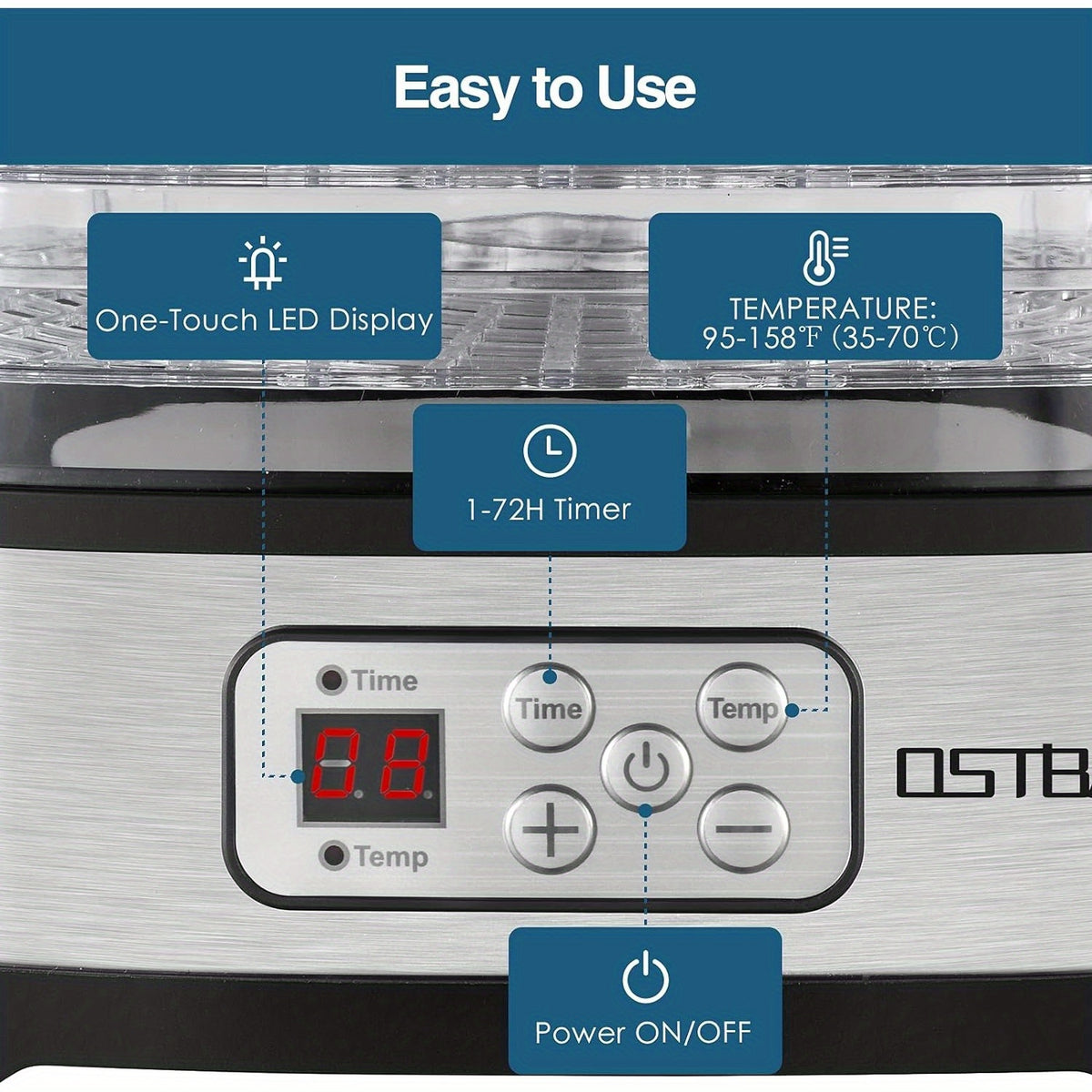 OSTBA 5-Tray Food Dehydrator Machine with Adjustable Temperature & 72H Timer, Digital LCD/LED Display Suitable for Jerky, Fruit, Dog Treats, Herbs, Snacks, Electric Dryer with User Guide, for Appliance ( Plug)