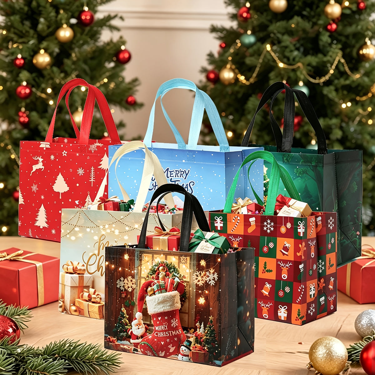 10/20pcs Large Christmas Gift Bags, Reusable Non-Woven Christmas Shopping Bags, Hand-Held Holiday Gift Packaging Bags, Suitable for New Year, Christmas Decor Party Supplies, 12.8'' X 9.8'' X 6.7''