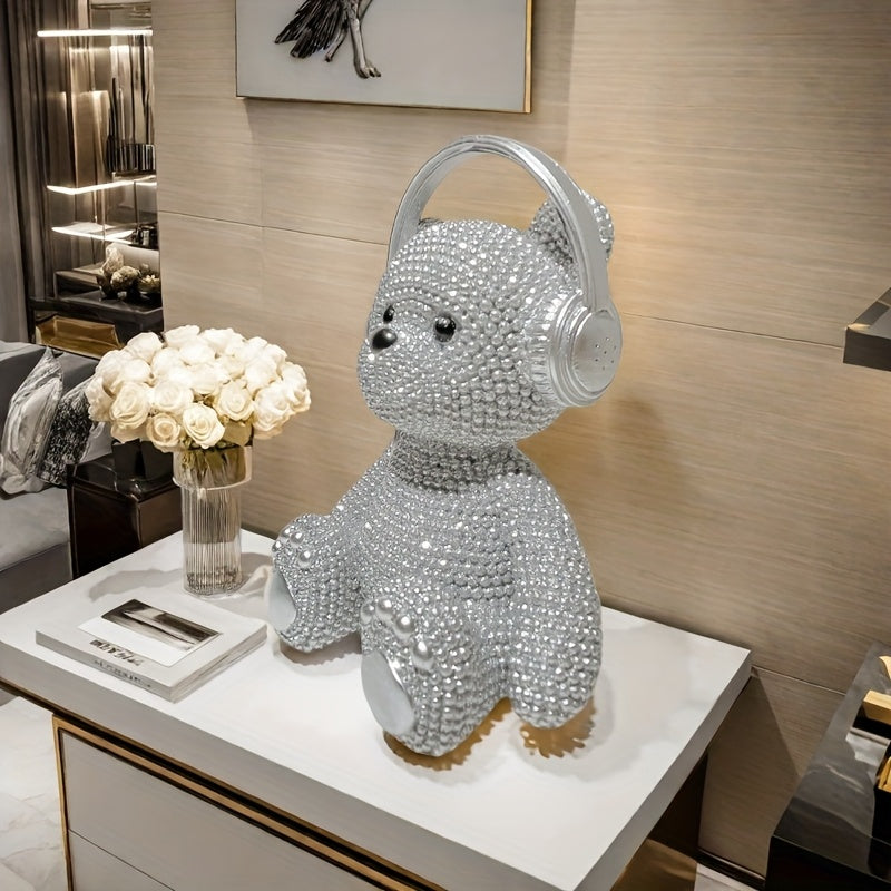 Sparkling Starry Night Headphone Bear Statue - Adorable Resin Figurine with Glittering Details | Perfect for Bedroom, Living Room, or Garden Decor | Ideal Birthday, Easter, and Mother's Day Gift | 13.7x10.3x7.8cm