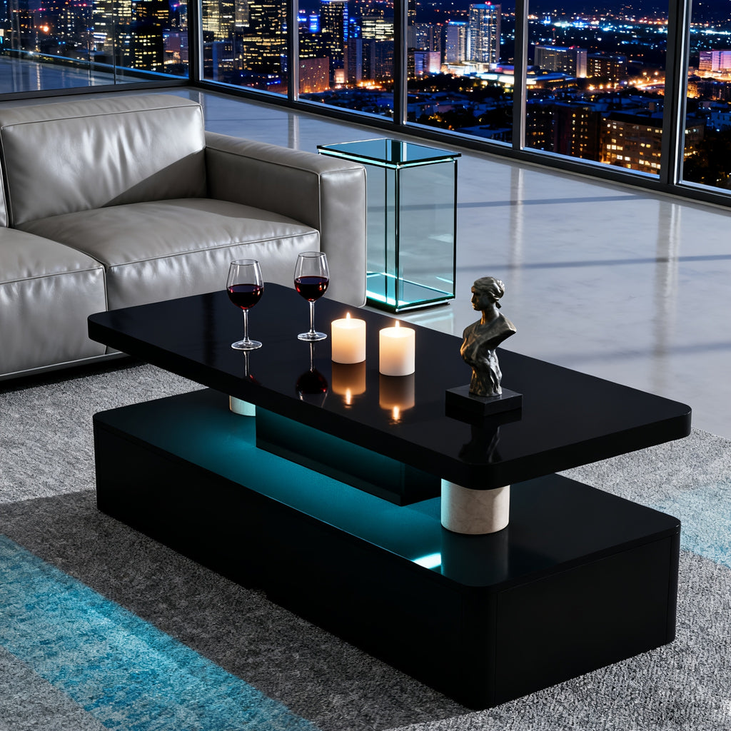 Black 40-Inch Modern LED Coffee Table, Living Room Table with 16-Color LED Lights, Double-Layer Design, Stylish for Living Room, Home, Office, Suitable As A Holiday Gift
