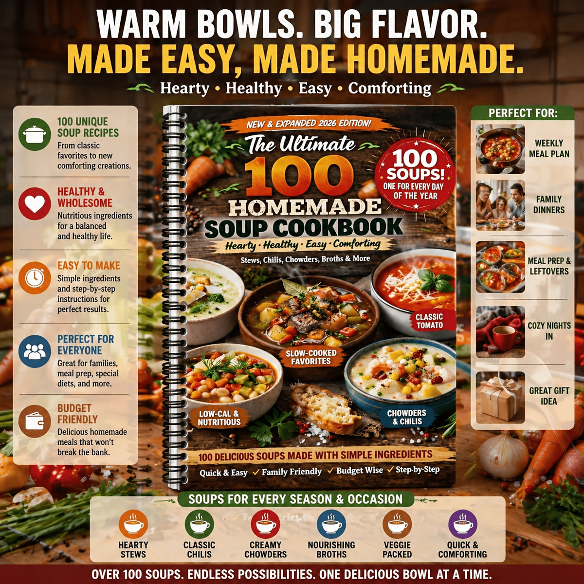 The Ultimate 100 Homemade Soup Cookbook:100+ Easy And Healthy Soup Recipes for Every Day | Hearty Stews, Chilis, Chowders & Broths | Quick, Budget-Friendly And Family Meals (Spiral Bound)