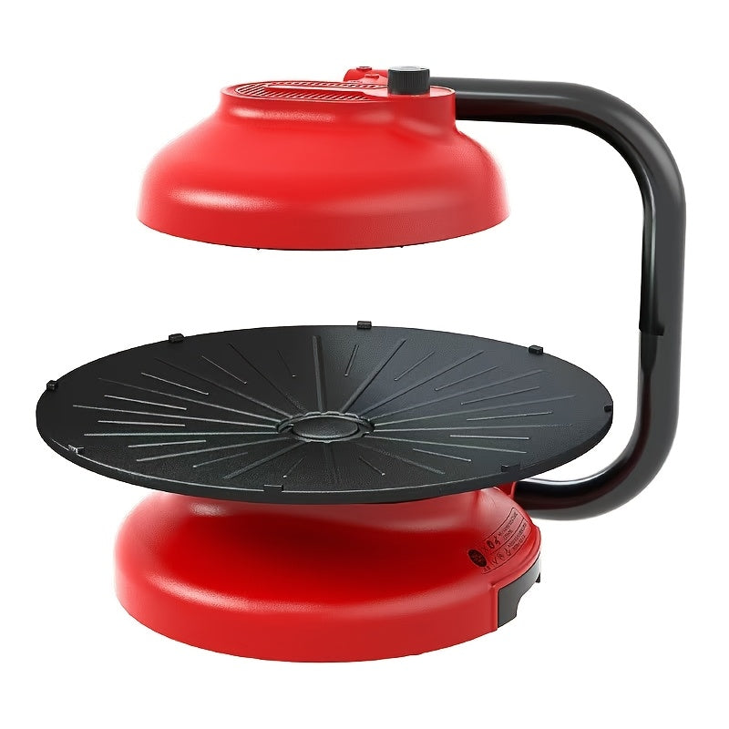A Rotating Barbecue Griddle Featuring a Spacious Non-Stick Cooking Area, Designed to Be Smokeless for Healthier Grilling. It Includes a Removable Drip Tray for Easy Cleaning, Making It Ideal for Both Indoor And Outdoor Barbecues