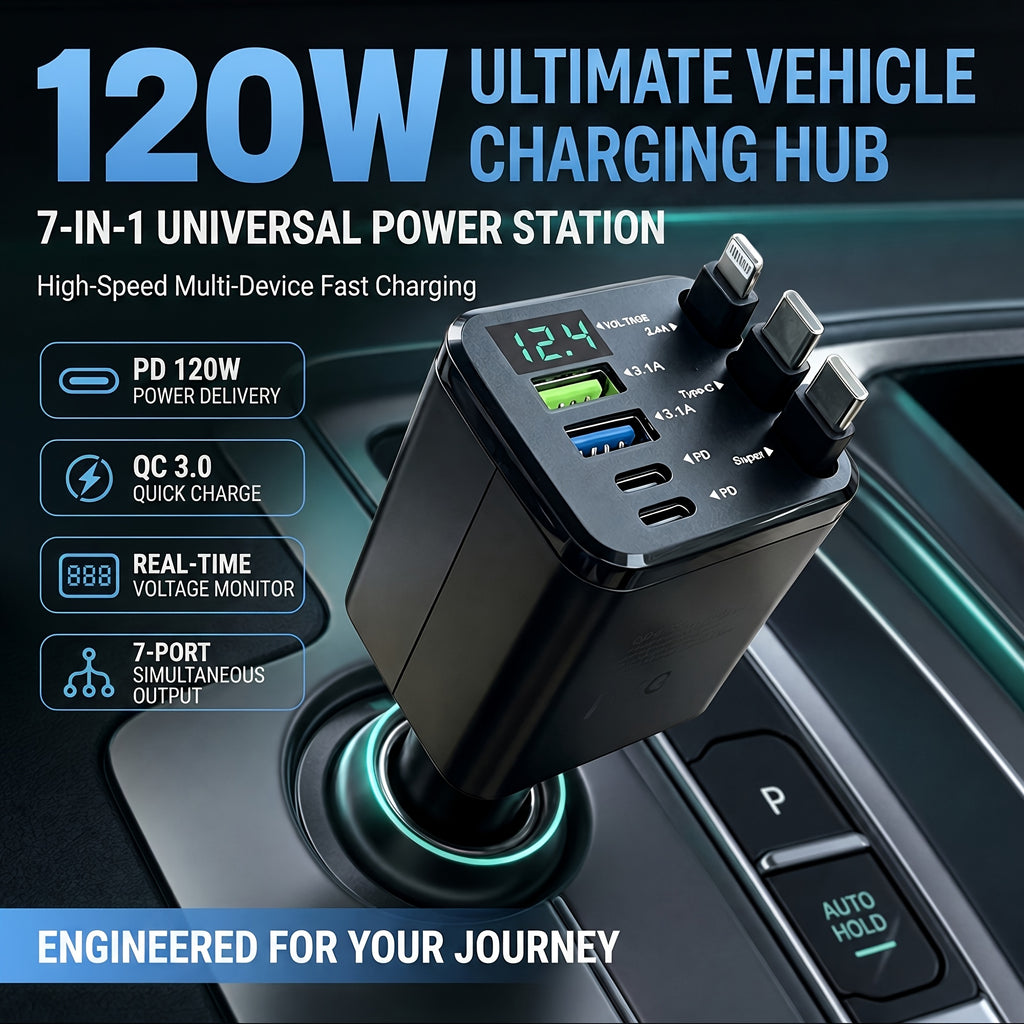 120W 7-in-1 Retractable Car Charger with Dual Type-C + Lightning Retractable Cables, External Dual USB-A + Dual USB-C Ports, High-Efficiency Fast Charging, Multi-Device Compatible for iPhone, Samsung, and All Android Digital Products