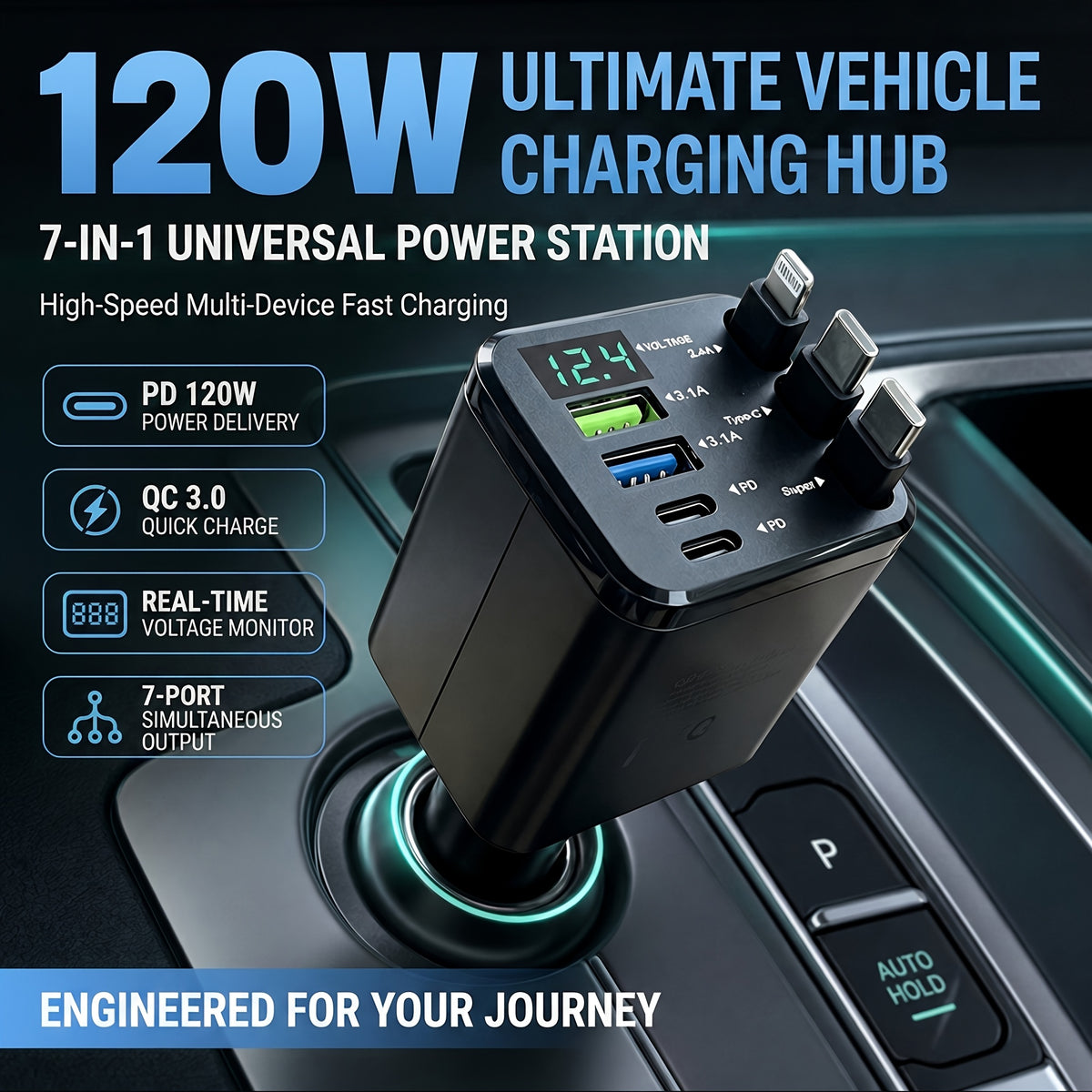 120W 7-in-1 Retractable Car Charger with Dual Type-C + Lightning Retractable Cables, External Dual USB-A + Dual USB-C Ports, High-Efficiency Fast Charging, Multi-Device Compatible for iPhone, Samsung, and All Android Digital Products