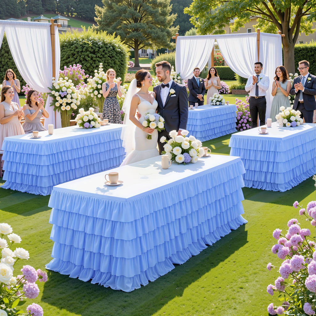 1pc of 9Ft Elegant Polyester Party Table Skirts, with Wavy Layering And Ruffled Design, Suitable for Weddings, Birthdays, Christenings, Banquets, Balls And Other Party Events