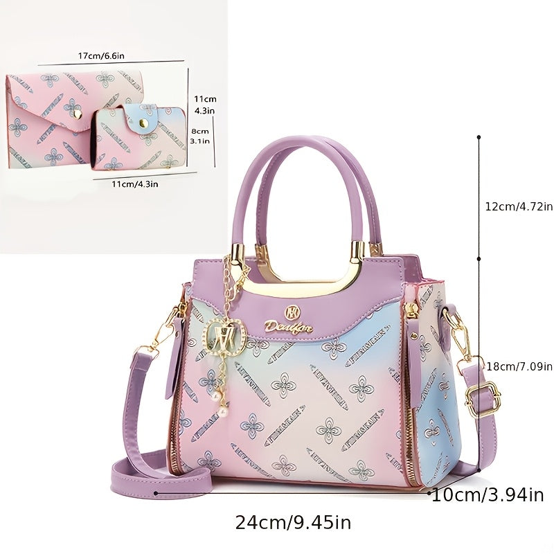 Women'S 3pcs Set Handbags, Fashionable Retro Chic Bags with Geometric Patterns, Adjustable Detachable Straps, Inner Closed Zipper, Elegant And Luxurious Handbags for Women, Matching Wallets, Card Cases, Handheld Bags, Crossbody Bags, Color-Blocking