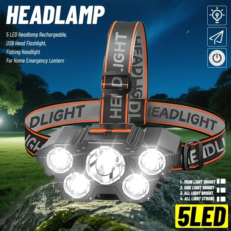 1-Piece 5-LED Rechargeable Headlamp, USB Fast Charging, Lightweight Work Light, 3 Modes, Suitable for Walking, Fishing, Outdoor Sports, Emergency Situations, IP44 Protection Rating