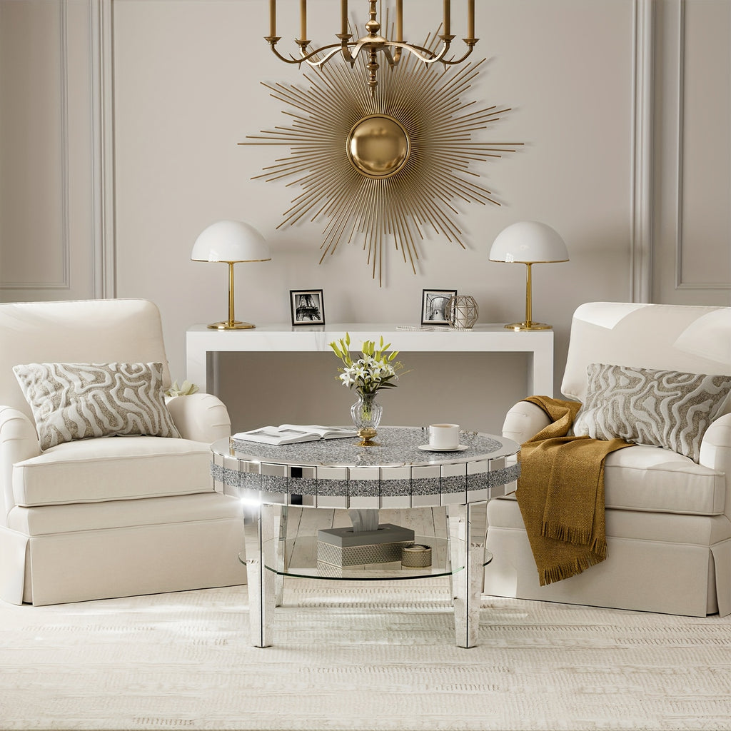 Round Mirrored Coffee Table 2-Tier with Crushed Diamond, 31.5 Inches Silvery Round Kitchen Table, Luxury Bling Coffee Table for Living Room, Office And Bedroom Black Fridays Items