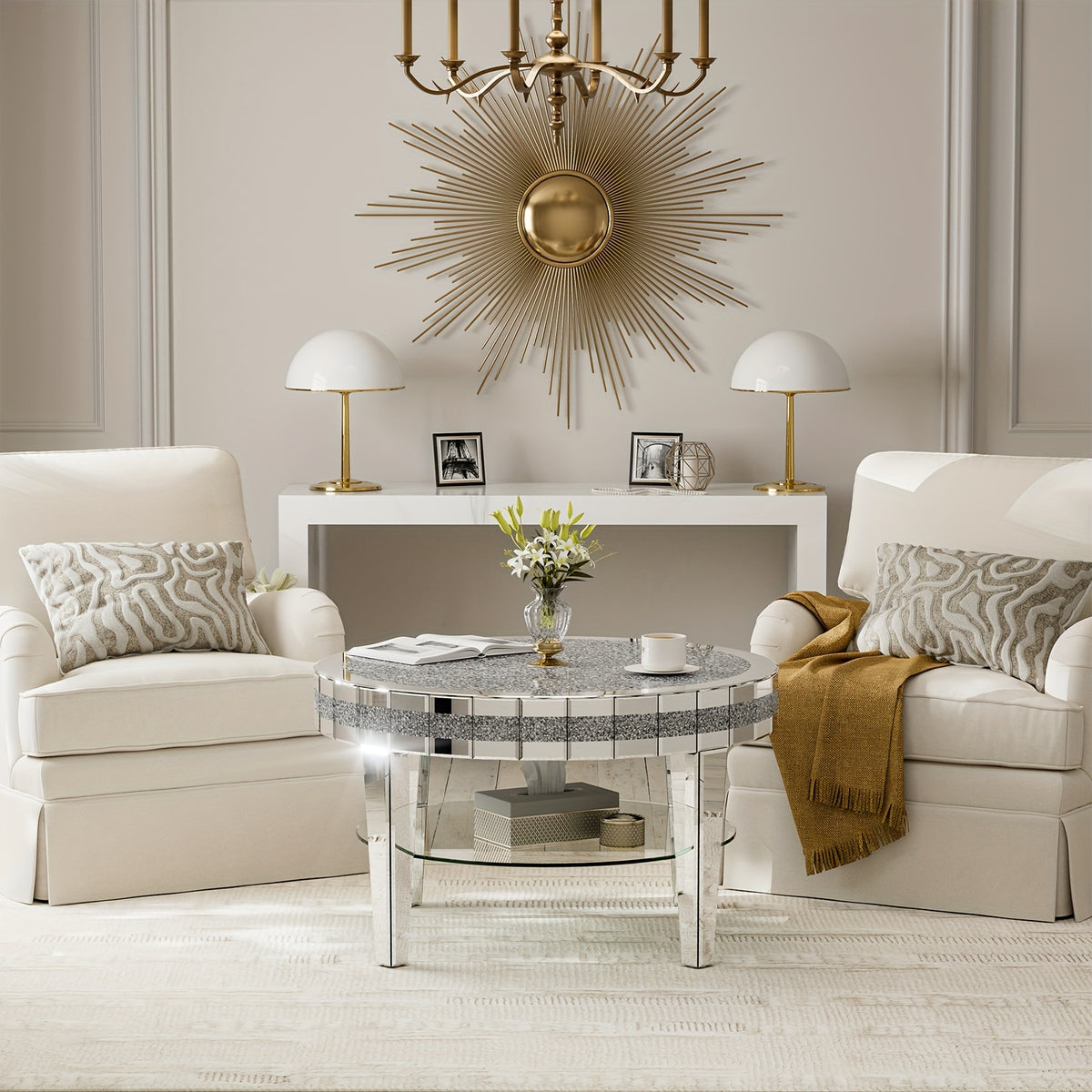 Round Mirrored Coffee Table 2-Tier with Crushed Diamond, 31.5 Inches Silvery Round Kitchen Table, Luxury Bling Coffee Table for Living Room, Office And Bedroom Black Fridays Items