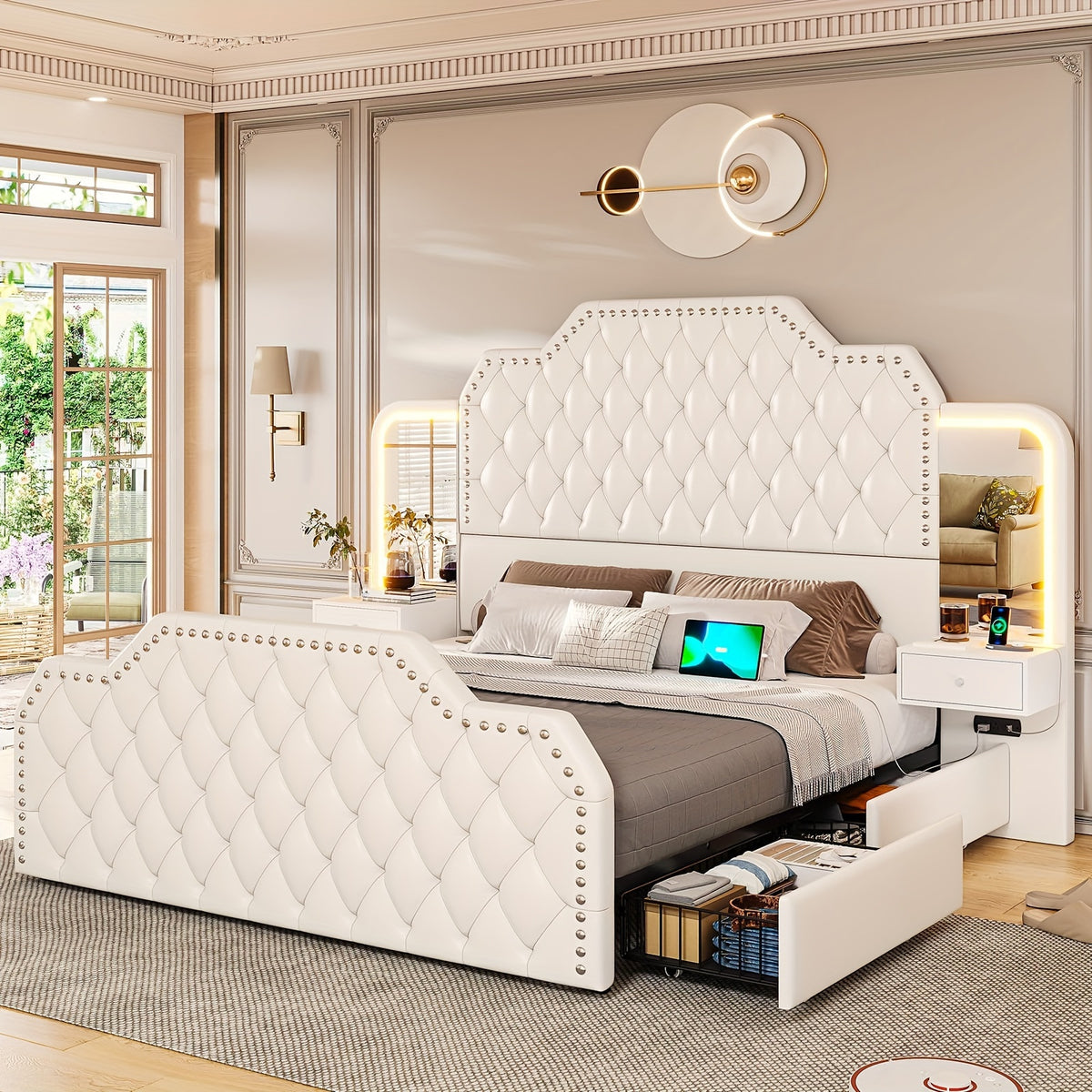 Queen Size Bed Frame with 2 Nightstands with Mirror, Modern Platform Bed Frame with 53" Tall Headboard and 4 Storage Drawers