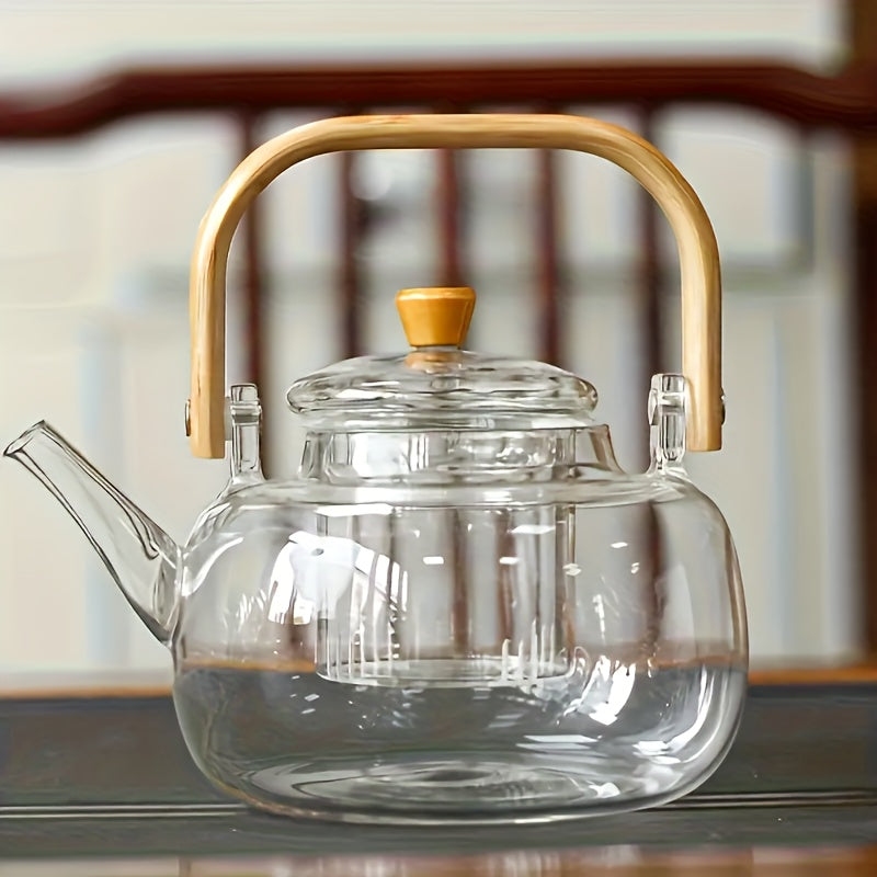 1pc 33.81oz Borosilicate Glass Teapot with Ergonomic Wood Handle, Heat-Resistant Stovetop Safe Tea Kettle for Iced Tea & Fruit Tea, Transparent Tea Maker with Removable Infuser for Loose Leaf & Blooming Tea, Durable Cold Brew Pot, Ideal Birthday Gift