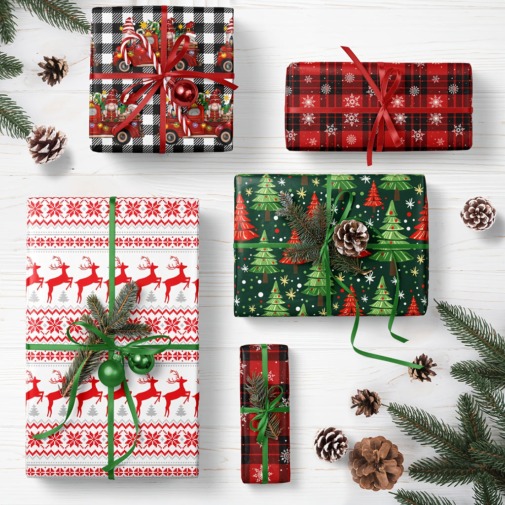 4 Sheets Christmas Wrapping Paper - Holiday Gift Wrap White And Black Plaid with Truck, Black And Red Plaid with Snowflake Green Christmas Trees, Deer Xmas Design for Christmas, Birthday, Holiday, Party, Baby Shower - 19.7 Inch X 27.5 Inch Per Sheet