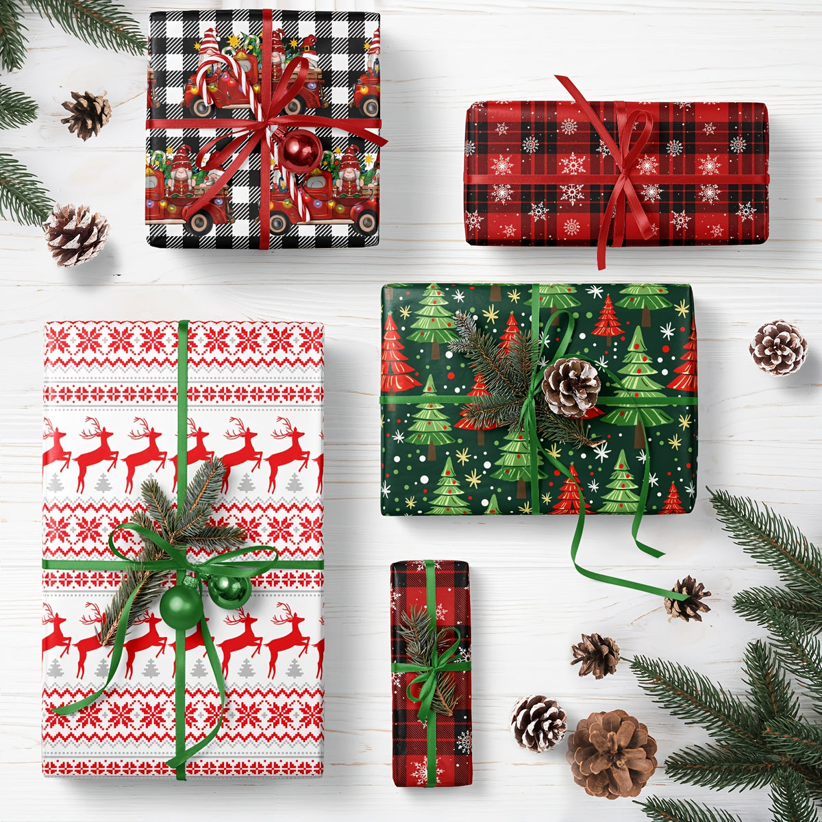 4 Sheets Christmas Wrapping Paper - Holiday Gift Wrap White And Black Plaid with Truck, Black And Red Plaid with Snowflake Green Christmas Trees, Deer Xmas Design for Christmas, Birthday, Holiday, Party, Baby Shower - 19.7 Inch X 27.5 Inch Per Sheet