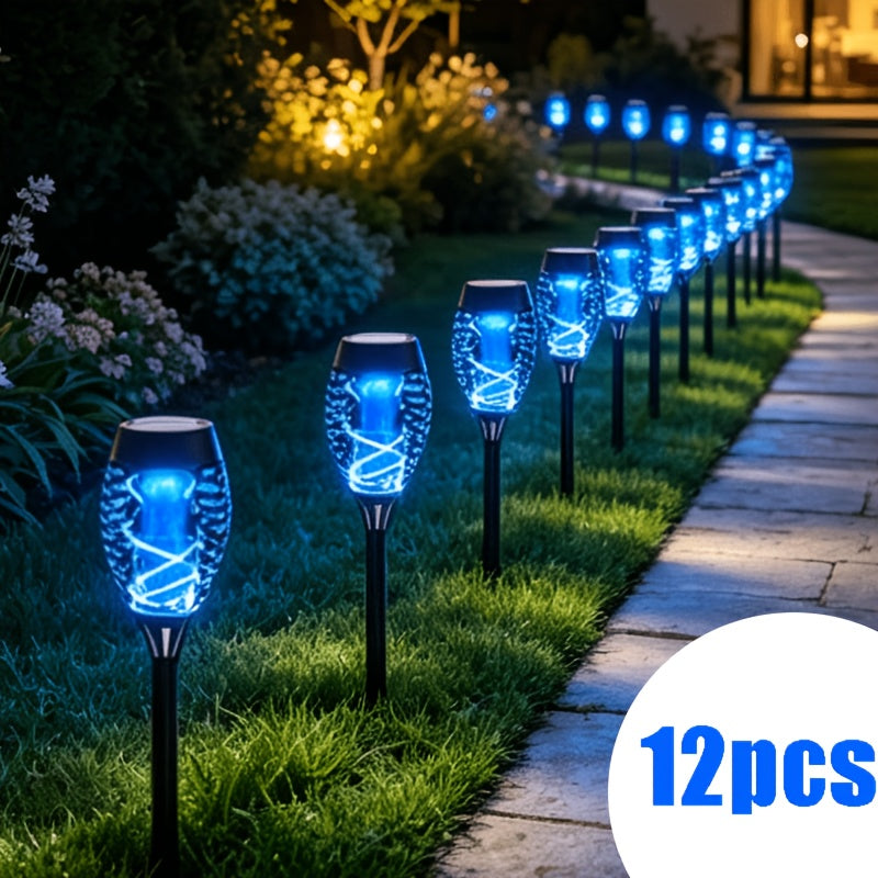 12pcs Solar Flame Torch Lamp. Flashes And Dances with Flame Effect. IP55. Outdoor Solar Garden Decoration Lamp. Automatic Switch. Suitable for Lawns, Gardens, Courtyards, Paths, Terraces And Wedding Party Decorations.