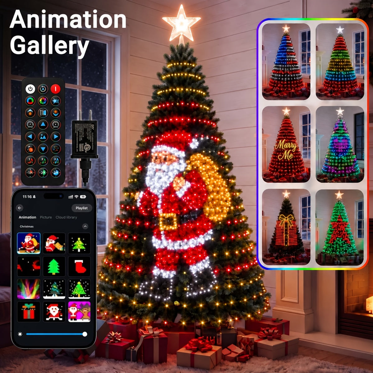 6/7ft Artificial Snow Flocked Christmas Tree with Light, Snowy Hinged Pine Tree with 8 Light Modes & Memory Function, Premium PVC Needles/Solid Metal Stand, Xmas Full Tree for Indoor and Outdoor
