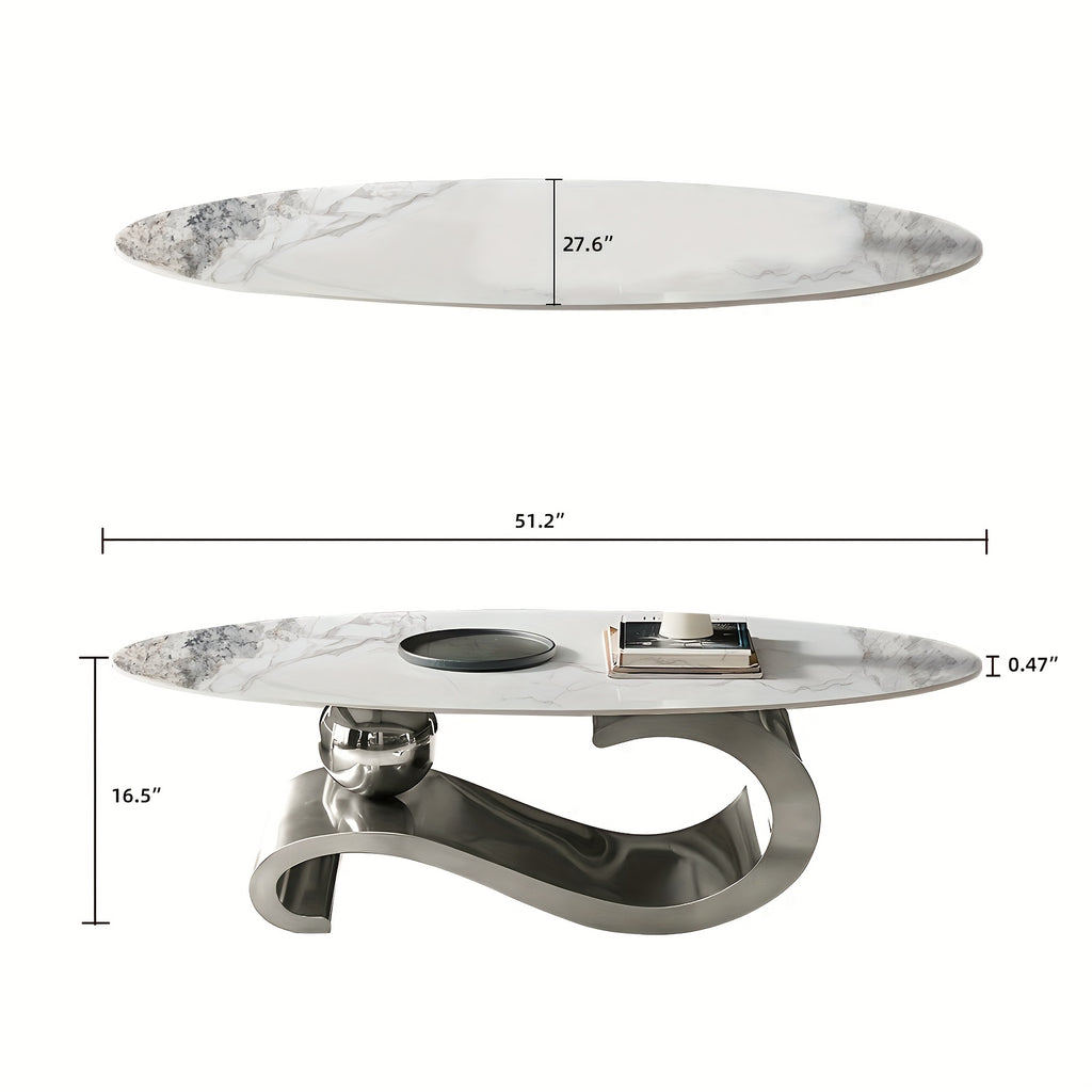 Luxury White Oval Coffee Table with Musical Note Base - Modern Metal Accent Table, Non-Wood Design, Easy Assembly, Sleek Curved Lines & Piano Key-Inspired Legs for Living Room, Office, Apartment - Minimalist Furniture
