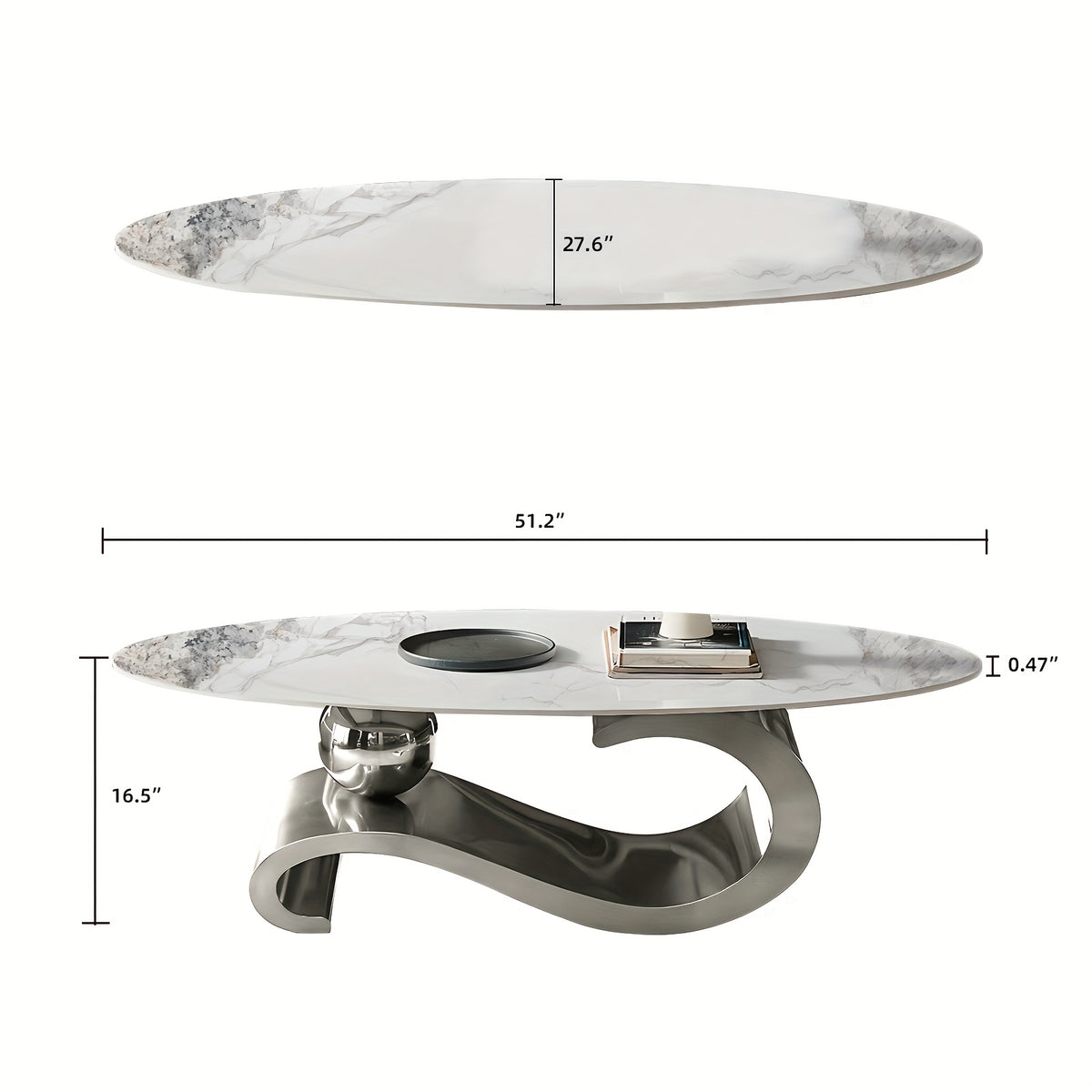 Luxury White Oval Coffee Table with Musical Note Base - Modern Metal Accent Table, Non-Wood Design, Easy Assembly, Sleek Curved Lines & Piano Key-Inspired Legs for Living Room, Office, Apartment - Minimalist Furniture