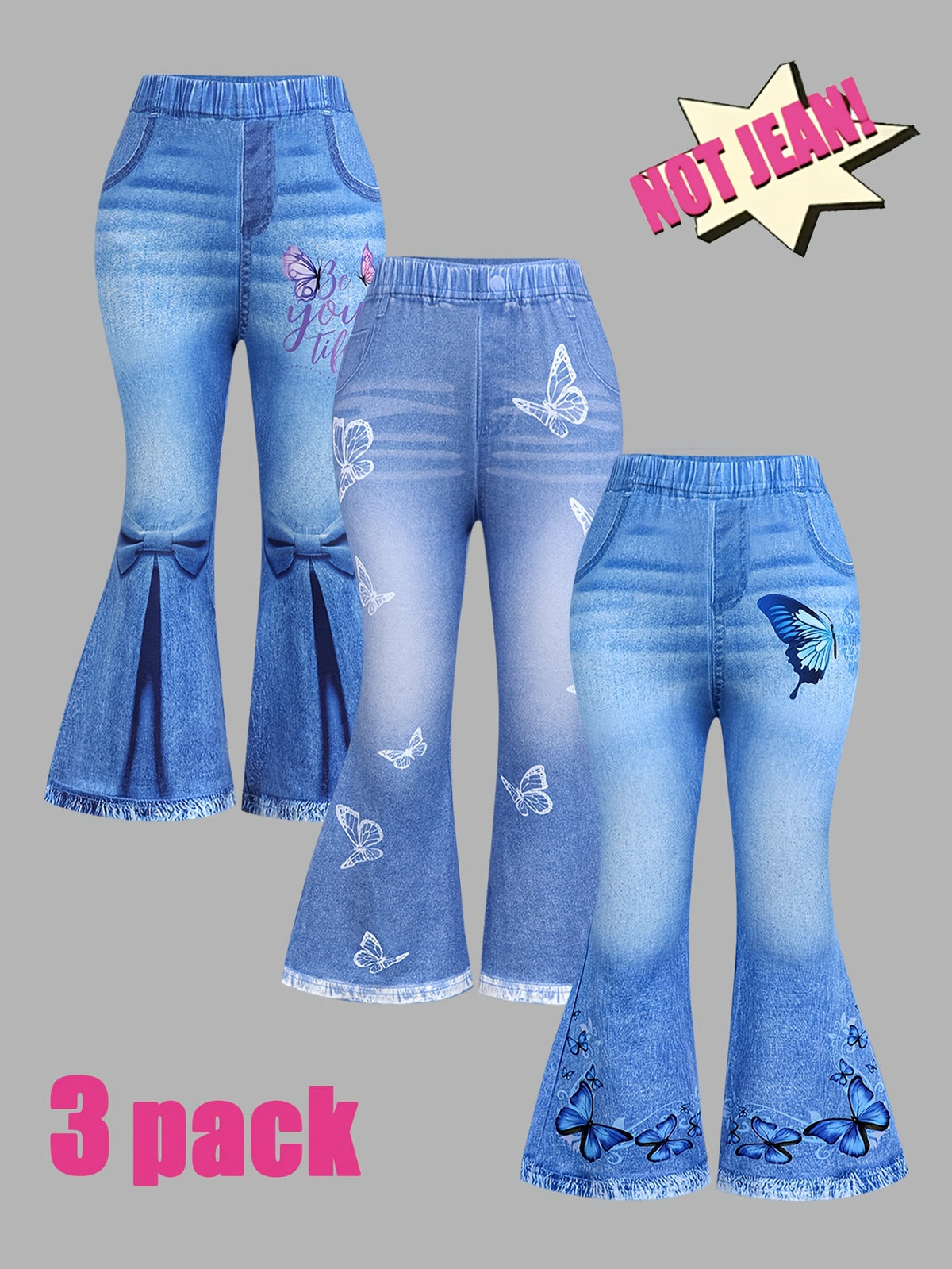 3pcs Fashionable Girls' All-Season Flared Pants, Featuring a Dreamy Butterfly, Artistic Font, and Bow Pattern Combination, with a Faux Slit Design and High-Definition Positioned Digital Print. Imitation Denim with Faux Pockets
