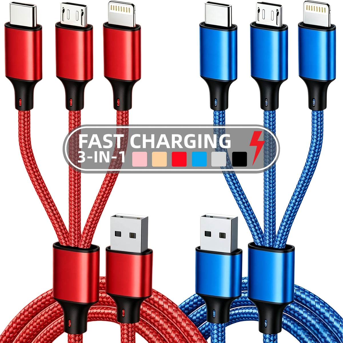 2pcs 3-in-1 Fast Charging Cable, Nylon Braided Multi-Function Charging Cable, Suitable for iPhone/Type-C/Micro USB Devices, Universal Multi-Interface USB Cable, Suitable for iPhone, Samsung, and Android Devices