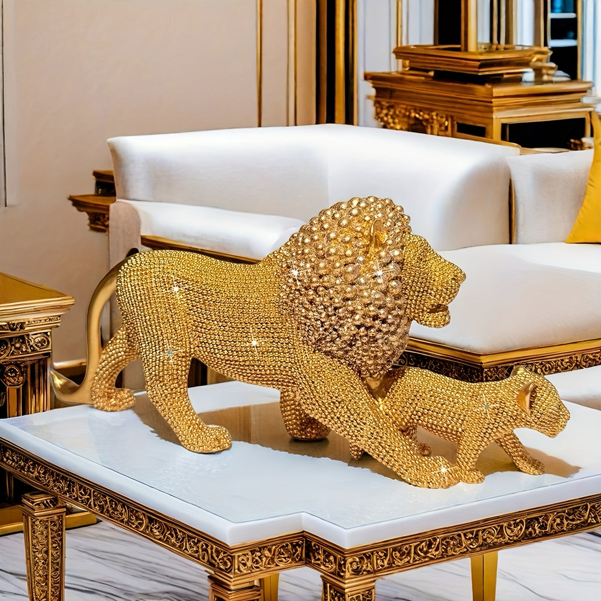 Collectible Figurines ，Elegant Golden Lion and Cub Resin Statue - Majestic Mother-Youngsters Decor for Home, Office or Holiday Gifts (Christmas) New Year's Day), Modern Luxury Design Living Room Bedroom Kitchen Wall Art