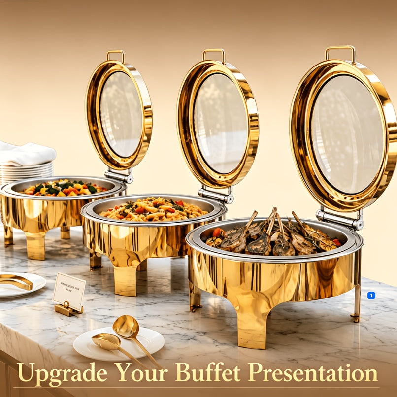 Golden Round Stainless Steel Chafing Dish Buffet Set with Glass Lid, Elegant, Safe and Durable Food Warmer for Catering, Parties, and Family Gatherings, Large Capacity Buffet Server for Party Food Warming, Only for Food Heating