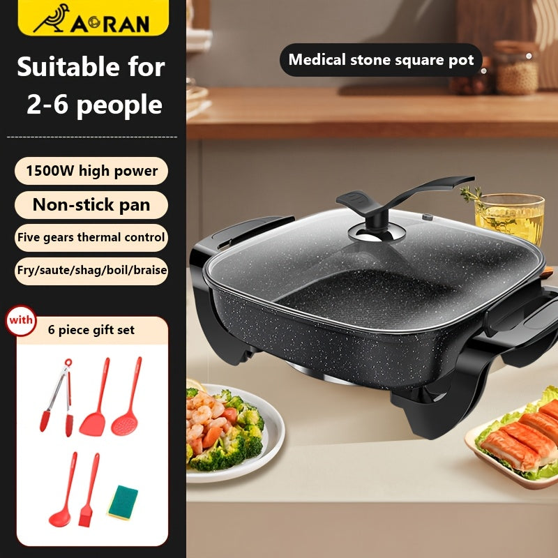 1PC12x12 Inch Non-stick Ceramic Electric Pot, Glass Lid, Aluminum, 1500 W, Adjustable Temperature Controller, for Frying, Baking, Steaming Or Boiling, Easy to Clean, Suitable for Home Use
