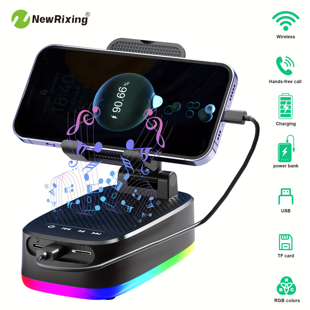 NewRixing 6W Wireless Speakers with Phone Holder, Dual Pairing, 1800mAh Battery, Emergency Mobile Power Bank, 6 Hour Playtime, HiFi Sound Quality, Loud Stereo and Booming Bass, USB Charging, Equipped with RGB Lights, Compact Design for Phone