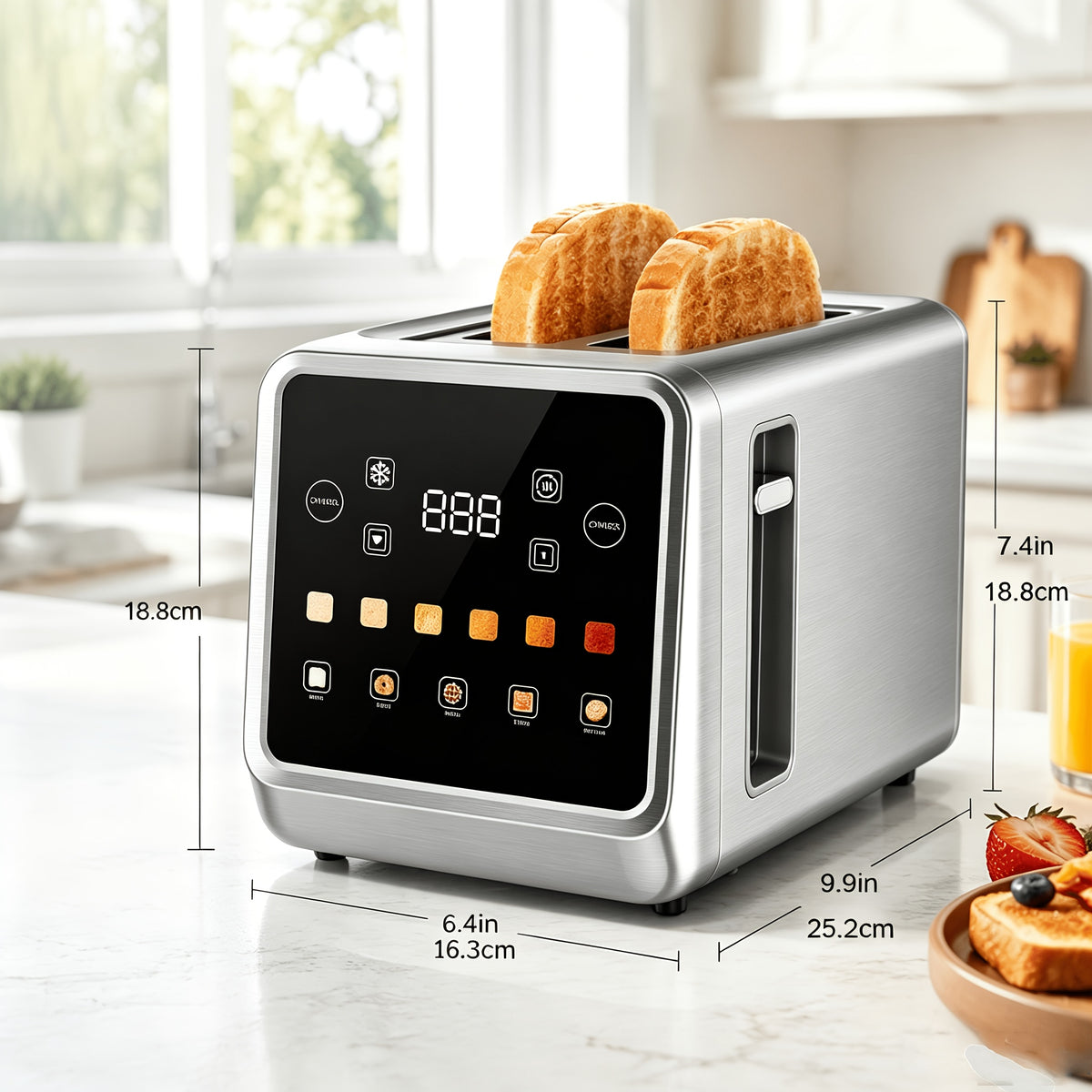 Touch Screen Toaster 2 Slice, Stainless Steel Smart Digital Toasters With Memory Function, 5 Bread Types & 6 Shade Settings, 1.5" Toasters 2 Slice Wide Slot, 900W.