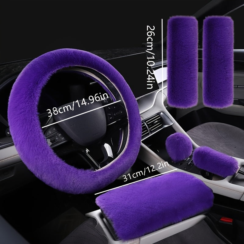 6pcs/7pcs Luxury Winter Fashion Imitation Rabbit Hair Set (Hair Steering Wheel, Armrest Box Cushion, Seat Belt Shoulder Cover, Handbrake Cover Set) - Soft, Fluffy, Warm, Universal, Suitable for Sedans/Suv