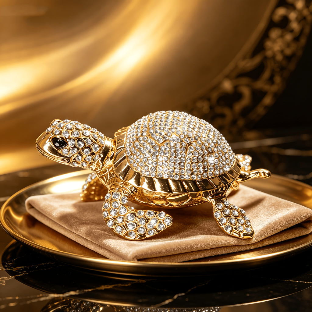 Gold-Plated Crystal Turtle Trinket Box, Sparkling Rhinestone Encrusted Tortoise Jewelry Organizer, Hinged Collectible Figurine, Home Decor Ornament, Gift for Women, Jewelry Boxes