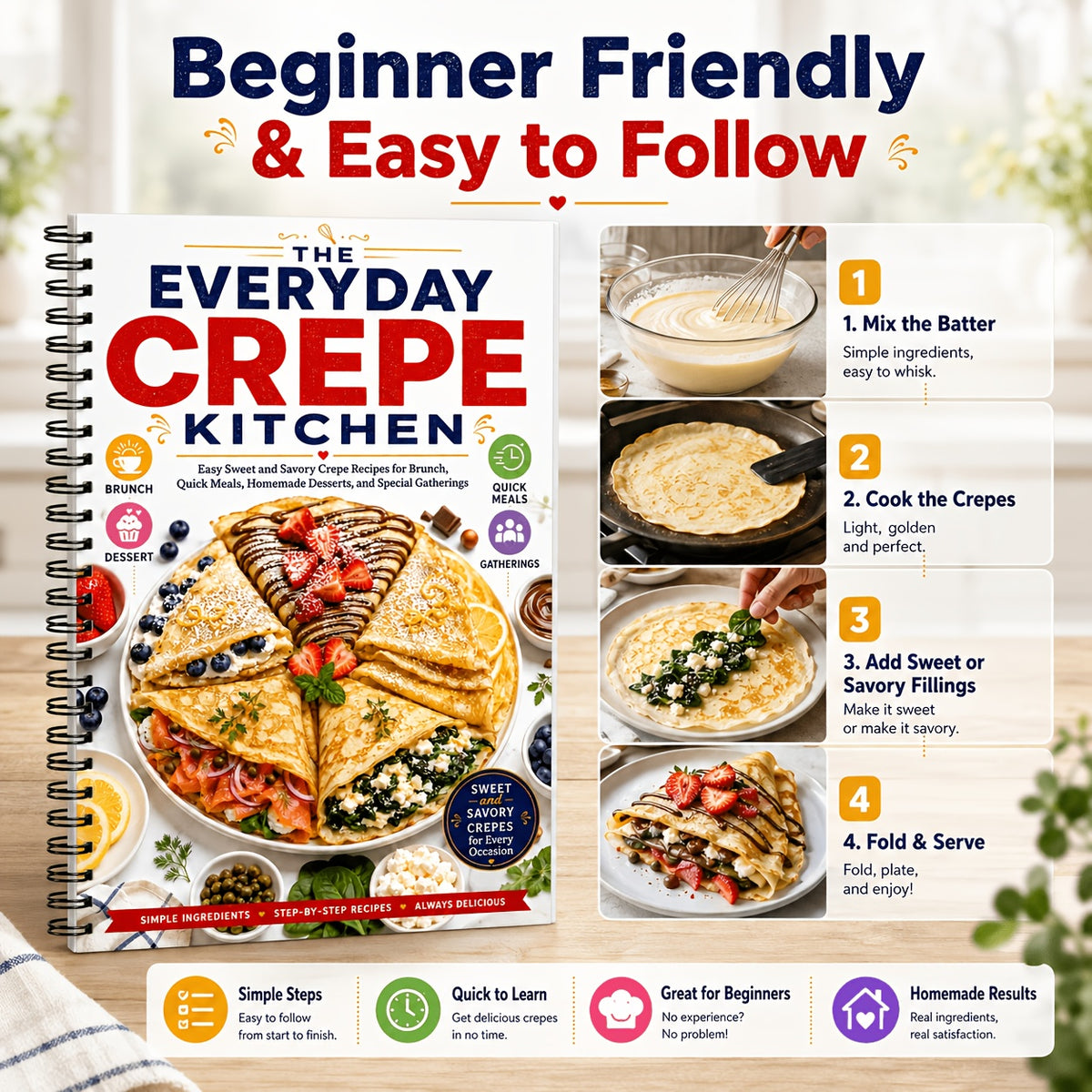The Everyday Crepe Kitchen: Easy Sweet And Savory Crepe Recipes for Brunch, Quick Meals, Homemade Desserts, And Special Gatherings (Spiral Bound, Full Color Edition)