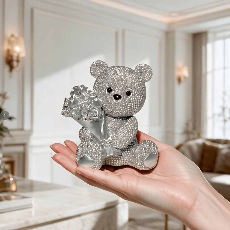 1pc, a Creative Silvery Bear Holding Flowers, an Ideal Gift for Holidays And Valentine'S Day, Mother'S Day Presents, Wedding Season Decorations, Small Figurines, Resin Sculptures, Abstract Art Pieces, Suitable for Decorating Bookshelves