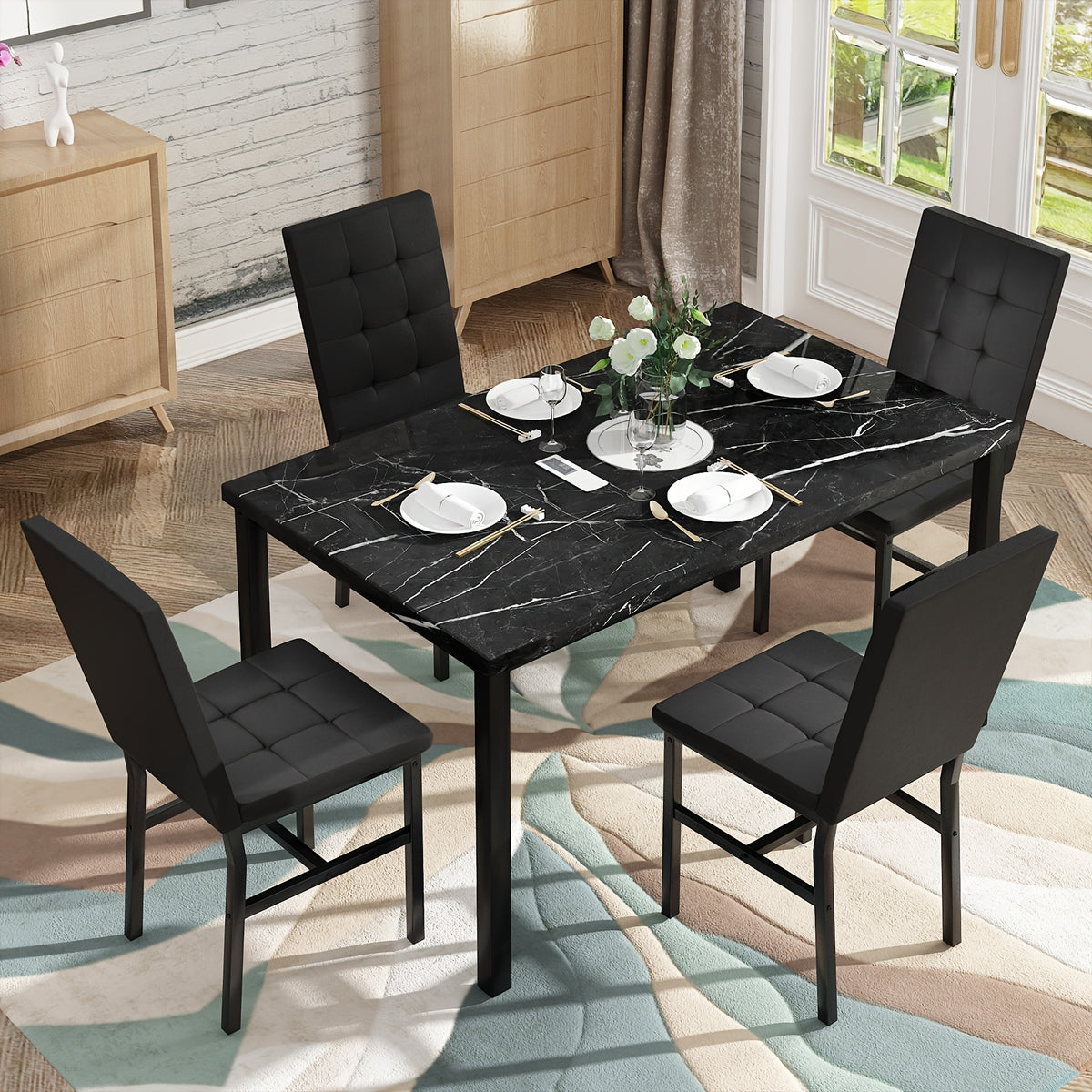 LAMERGE 5pcs Of Dining Table Set, Dining Room Table Set Can Be Used By 4 People, Kitchen Table Set, 1 Artificial Anti-marble Pattern Table And 4 Metal Legs Chairs, Suitable for Living Room, Dining Room, Kitchen Furniture